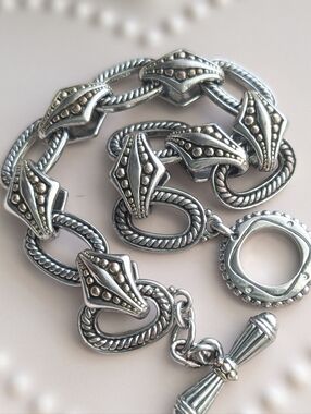 Vintage Silver Tone Toggle Bracelet Rope Link & Beaded Detail Chunky